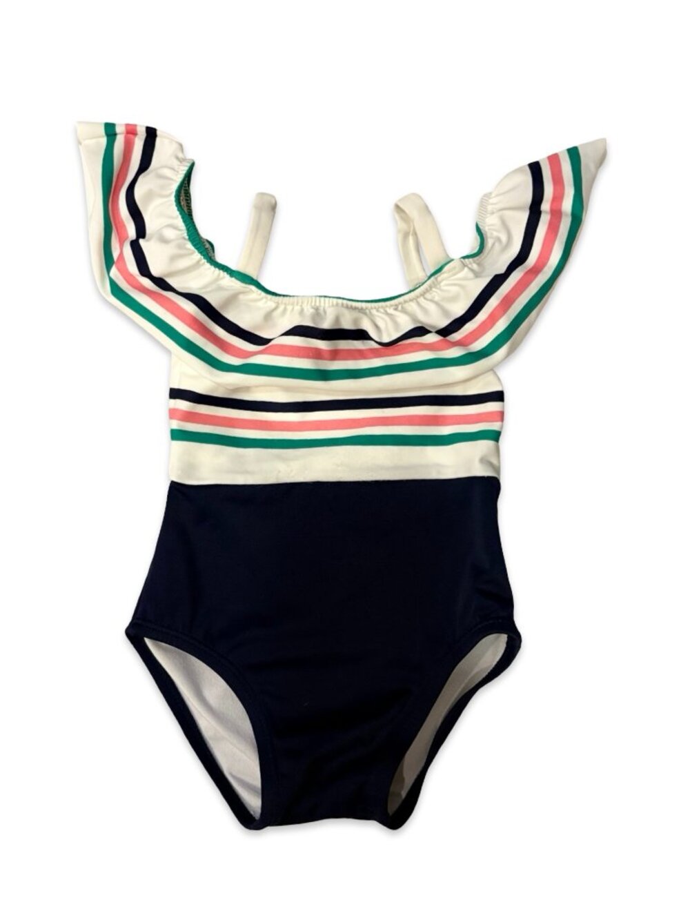 Janie and Jack striped ruffle one-piece swimsuit in navy multi